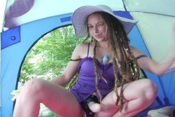 straponbeautys: Strapon beauty      #strapon #pegging  Strap-on hippie girl outdoors.