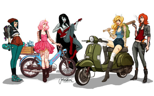 thealcolyte:  Adventure Time Moped Gang! Â by Jacquelin de Leon You can purchase any of these as a print in my shop!Â Â :) Â  Â  Â  Â  Â  Â  Â  Â  Â  Â  Â  Â  Â  Â  Â Â FacebookÂ //Â InstagramÂ //Â Store   Awsome artwork any interest in drawing feminizati