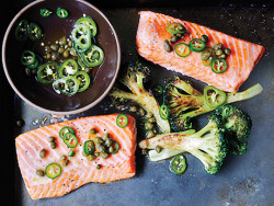 foodffs:  Roast Salmon and Broccoli with Chile-Caper Vinaigrette