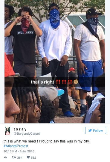 micdotcom:  Bloods and Crips stood together in solidarity during the Atlanta #BlackLivesMatter protests Incredible images from Friday night’s Black Lives Matter protest in Atlanta show members of the Crips and the Bloods — rival gangs with a history