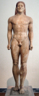 bodypositivemama:  artwhat:  Kroisos, Anavysos, Greece. 530 BCE, Archaic. marble; 6’ 4” high. Very strong Egyptian influence; static in pose, despite slight movement (step forward typical of this pose) more anatomically correct, but still an ideal