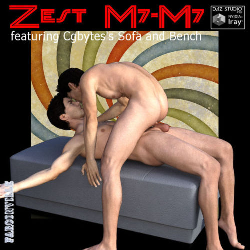 Zest  for M7M7 is a pose set made for Michael 7 and M7 (12 poses), and  corresponding genital poses. Always SET LIMITS ON when prompted by DAZ  Studio. You will need Cgbytes’ Sofa and Bench! 30% off until 7/4/2017! Zest For M7M7  http://renderoti.ca