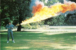 Sigourney Weaver testing out her flamethrower on the lawn at