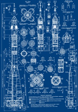 lucienballard:  Blueprint of a Russian Soyuz rocket. via   The