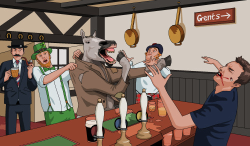 jimllpaintit:  Hi Jim. Could you paint a depressed, alcoholic horse losing his shit and  thumping the barman for making a crack about his long face? Cheers, Kissin George