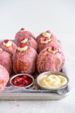 sweetoothgirl:  roasted strawberry brioche doughnuts with vanilla