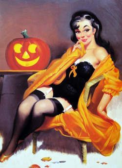 gravesandghouls:  Halloween pin up illustration by Donald “Rusty” Rust   