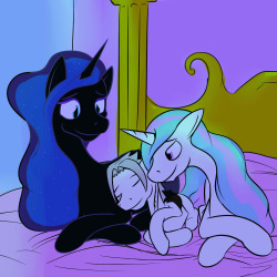 Aero Ruinwing snuggling with Celestia and Nightmare Moon.