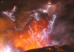 Volcanic lightning or a dirty thunderstorm is seen above Shinmoedake