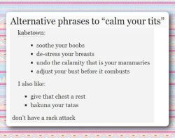 meanplastic:  pezberry93:  Alternative phrases to “calm your