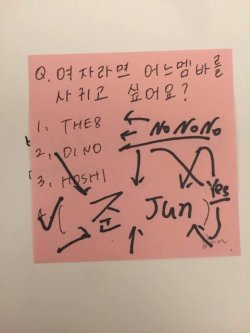 mc-gyu:  Why am i not surprised?Â Trans: (To: Jun)Â Q: If you were a girl, which member would you want to date?1. The8 &lt;Â 2. Â Dino &lt; Â  Â  No No No3. Hoshi &lt;Â 4. &gt; ( Â  ì¤€ Jun Â  ) &lt; YesTrans by @mc-gyu credit if use