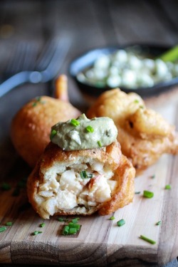 in-my-mouth:  Blue Cheese Lobster Beignets with Spicy Avocado