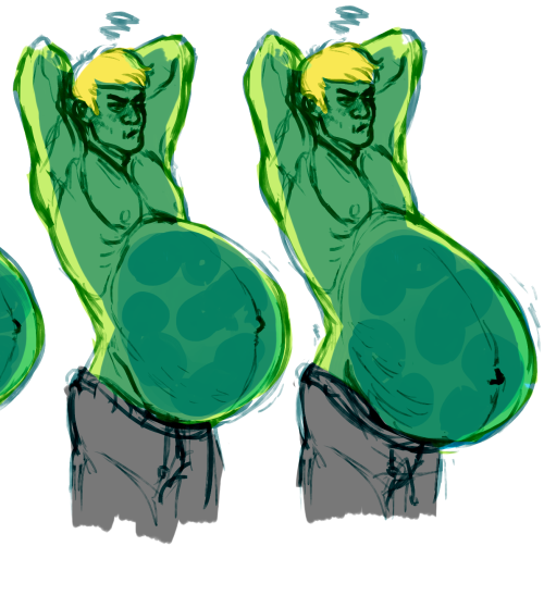 bigbarabelly:  this is the first time ive ever indulged in drawing my own fetishes before im really hesitant about drawing some chars i actually want to but for now heres an old old oc hyper nutrient rich slime guy who can alter his anatomy to carry and