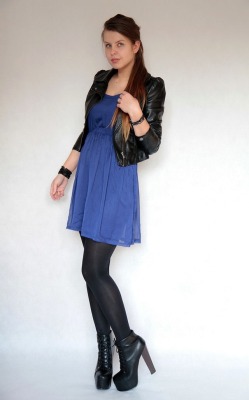 fashion-tights:  Leather jacket and blue dress with tights and