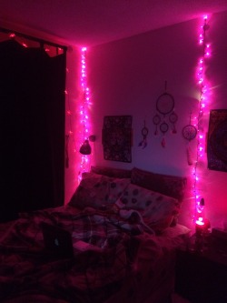I hung purple lights in my room, it looks so magical now <3