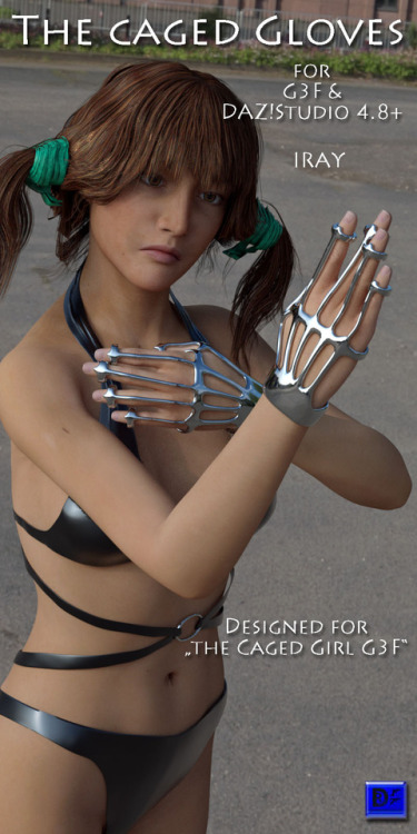  These gloves are designed Dravuor’s product “The Caged Girl for G3F” but can be used even without them. They cage every finger plus thumb and make them totally useless. It supports almost any shape of the G3F and follows each pose of the