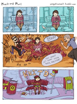 diamondsfuckingdroog:  scifigrl47:  jumpingjacktrash:  sir-owllin:  sweet-bitsy:  halfaleagueonward:  Page 1 of a Knitter comic I’m doing! The second page will be up tomorrow. Check out that weaponized yarn-bombing there~ [Thanks to my sister for being