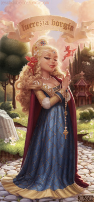 jessihasbeans:  Omg, I finished something! Lucrezia Borgia, redone as a kind of historical and wildly inappropriate Disney Princess (more on this scandalous lady here: http://en.wikipedia.org/wiki/Lucrezia_Borgia )  Based on one of the only known painting