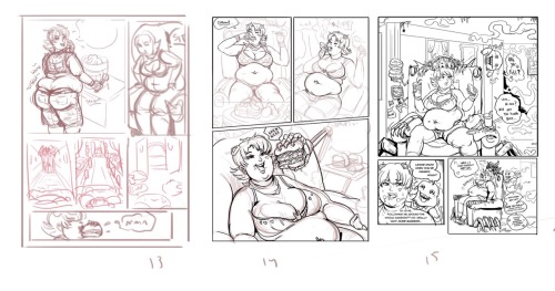 fatline:  Puddin’ on the Pounds: Comic Thumbnails 36 pages weight gain comic WIP (done during tonight’s Picarto Stream) featuring my OC’s Pitstop Puddin’ and Lady Luljetta, coming before Halloween! 