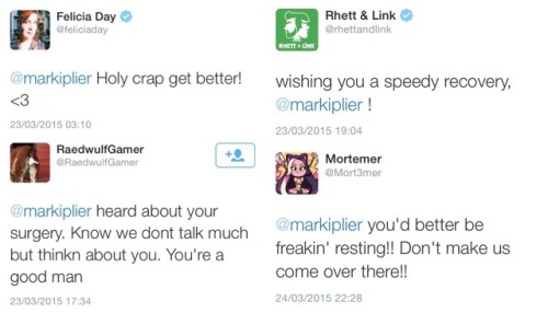 warfstacheandthewinchesters:  Master post of love for markiplier while he was in hospital <3  This was awesome to see! Thanks for compiling it because I missed some of these!