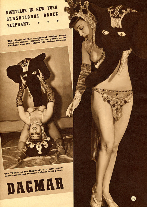 HAPPY HALLOWE’EN !!  Dagmar   (aka. Virginia Blair) She was famous for her half-and-half “Dance With The Devil” routine.. Here, she’s featured performing her “Dance of the Elephant” in a pictorial found in the pages of the April