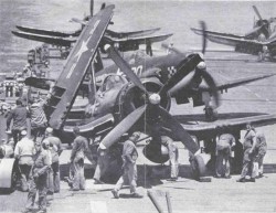 usaac-official:F4U-4s of VMF-312 prepare for a mission aboard