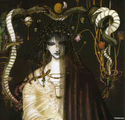 elosilla:  Yoshitaka Amano, japanese graphic artist and character designer, usually made his illustrations with ink and watercolor. Well known for designing characters for video games such as Final Fantasy, or his artwork in Sandman or Vampire Hunter