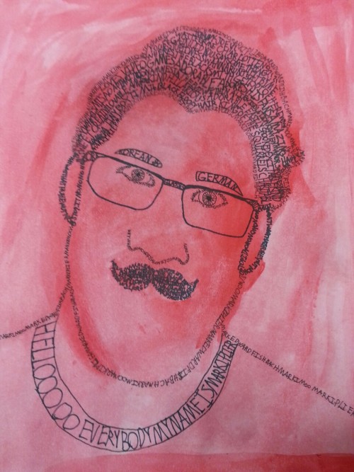 missstephano:  Um hi. So i did this thing in art class called a pictograph where we pick a person (i chose Markiplier,  obviously) and we trace the outline of them using words that describe them. I used some of his catchphrases, his physical attributes,