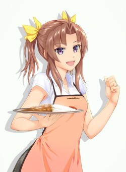 艦隊これくしょん、陽炎（艦これ）、高解像度、ボー、おでこ、カレー、シャツ、トレー、リボン、エプロン、スカート、ヘアボウ、イエローボー、カレーライス、サイドロック、ツインテール、イエローリボン、ホワイトシャツ、ショートスリーブ、ブラックスカート、プリーツスカート、holding