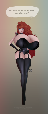 ofamightdivine:   Jackie in a dominatrix leotard with high boots. Finished pic from the WIP some days ago, as suggested by @missbuxomchounyuu !  Jackie’s first time as a dominatrix, and she’s punishing you because you didn’t give her tip &gt;:c