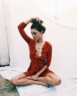 Phoebe Tonkin wearing the Alexandra in Red Star Diane dress by