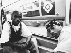 Prodigy and Havoc from the rap group Mobb Deep sitting on a Q