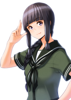 艦隊これくしょん、北上（艦これ）、nanahime (aoi)、ロングヘア、三つ編み、学校制服、セーラー服、笑顔、縛られた髪、黒い目、黒髪