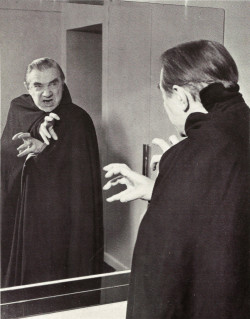 ‘Aged 62, Bela Lugosi reflects on his British stage tour of Dracula in this publicity still’, from Monsters and Vampires, by Alan Frank (Octopus, 1976).From a charity shop in Nottingham.