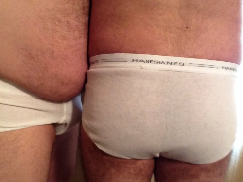 baterbear:  Got my boy to wear some Hanes briefs today.   Bear and cub in tighty whities. Woof