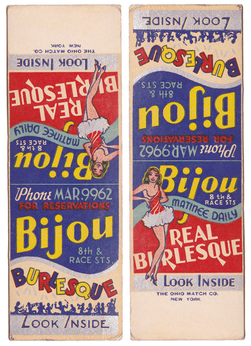 Vintage 50’s-era matchbook for the ‘BIJOU Theatre’ in Philadelphia, Pennsylvania; located at the corner of 8th and Race Street.. Printed inside the matchbook was a free “ADMIT TWO” coupon, that could be redeemed for any weekday Burlesque