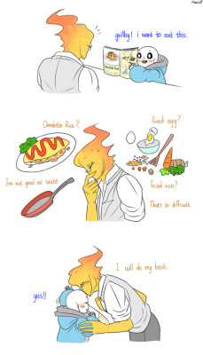 mooncatyao:  [Omelette rice-1] Grillby & little Sans<First