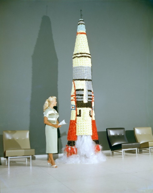 humanoidhistory: An Atlas rocket made of flowers in the lobby