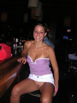 peepys-roadrunner:  Slut hotwife at the bar flashing her shaved cunt to whoever wants to see!  It won’t be long before she’s getting her pussy filled with hot cum!