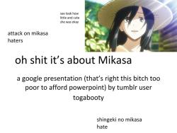 bananataco5ever:  togabooty:  Mikasa is a badass. Stop the hate,