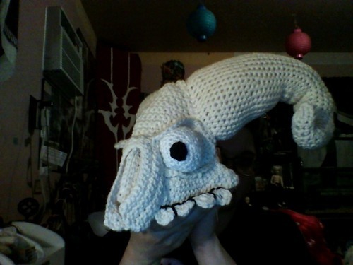 IT’S FINISHED FINALLY All crocheted and sewn together! I might add some little nubbies around the broken horn but wow I need a break. QUESTION:Should I make a second eyeball for the empty socket or blush in some black to make it look empty?