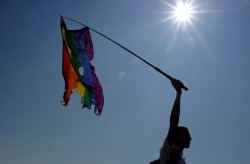 pro-gay:A gay rights activist waves a damaged rainbow flag during