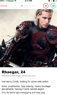 jeynes: rhaegar targaryens tinder account: leaked Bahahaha 😂😂😂