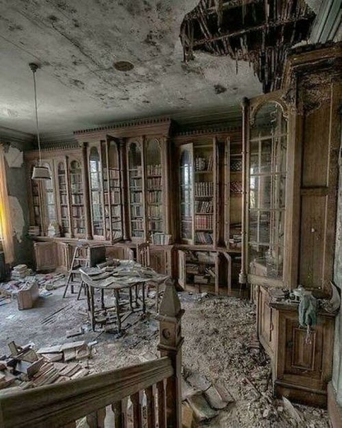 A Library Inside An Abandoned 19th Century Victorian Mansion.