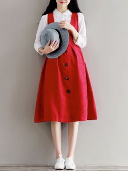 momoiro-megane:  ♡  Corduroy Pure Color Strap Button Dress ♡