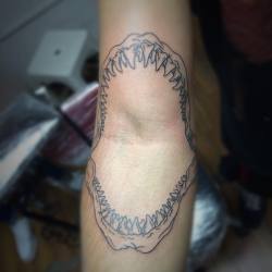 Trabajo de lineas #Mandibula #Tiburon #dientes #brazo #tattoo