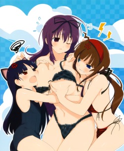 yaegashi nan senran kagura animal ears bikini breast grab nekomimi