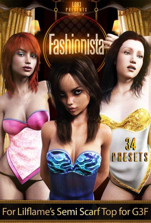  “Fashionista”  is a brand new Materials Preset pack for Lilflame’s Semi Scarf Top For  G3F, with this pack you’ll get 34 brand new Festive Material Presets for  the Semi Scarf Top (17 designs in two styles each) Ready for Daz