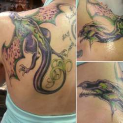 Finally! The finished product💜💚 #tattoo #dragon #purple