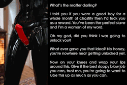 clickthelock:  What’s the matter darling? I told you if you were a good boy for a whole month of chastity then I’d fuck you as a reward. You’ve been the perfect slave and I’m a woman of my word…